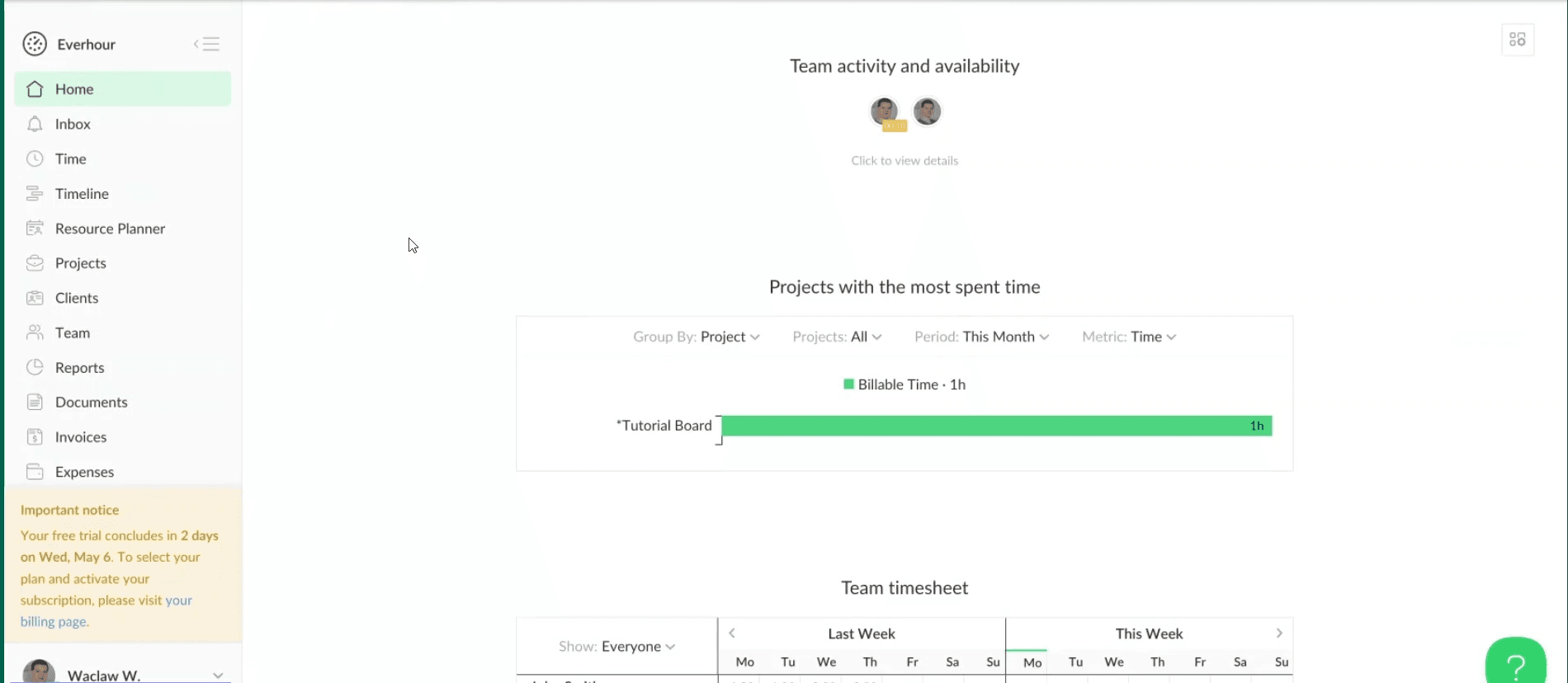 Everhour home dashboard with team activity, projects, and timesheet