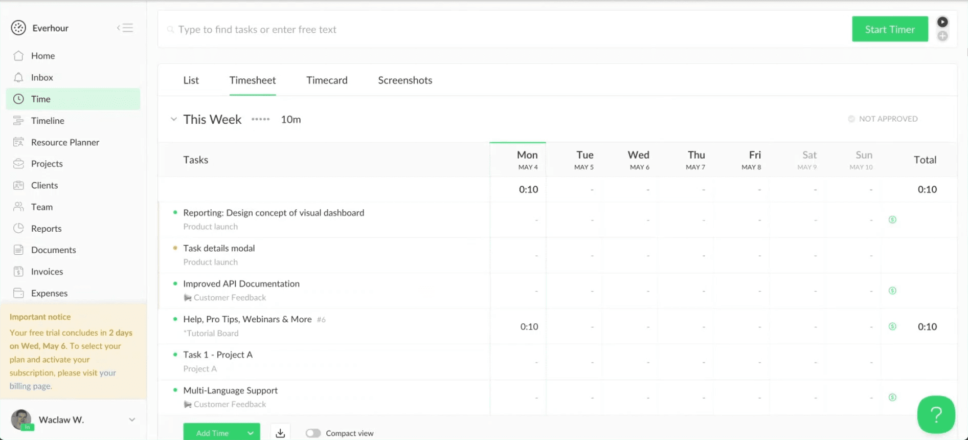 Everhour time tracker with task selection and timer