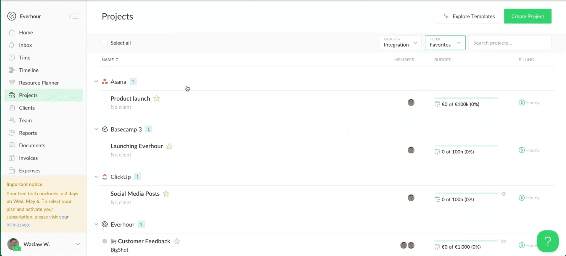 Everhour projects list with budgets and progress bars