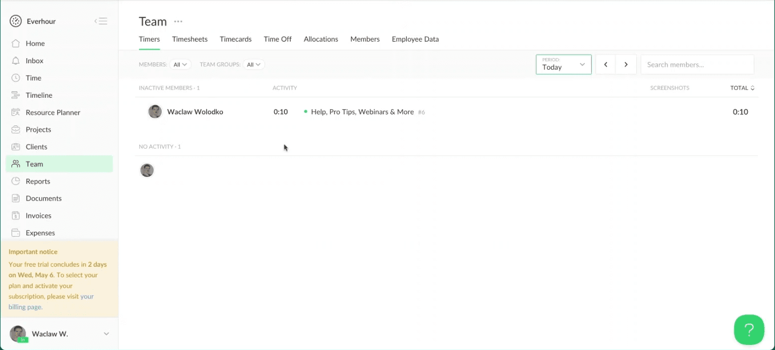 Everhour team view with time-off balances and approvals