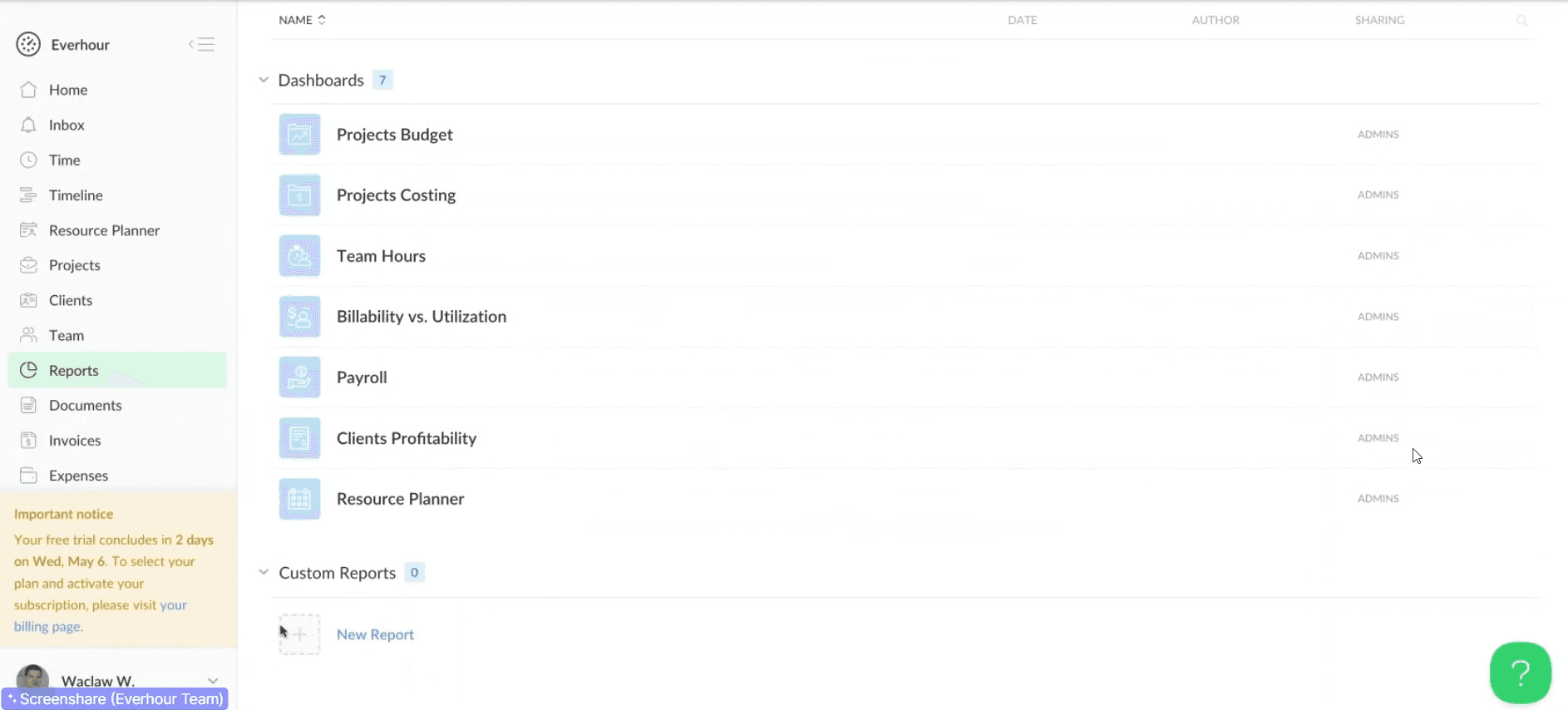 Everhour reports filtered by project and team member