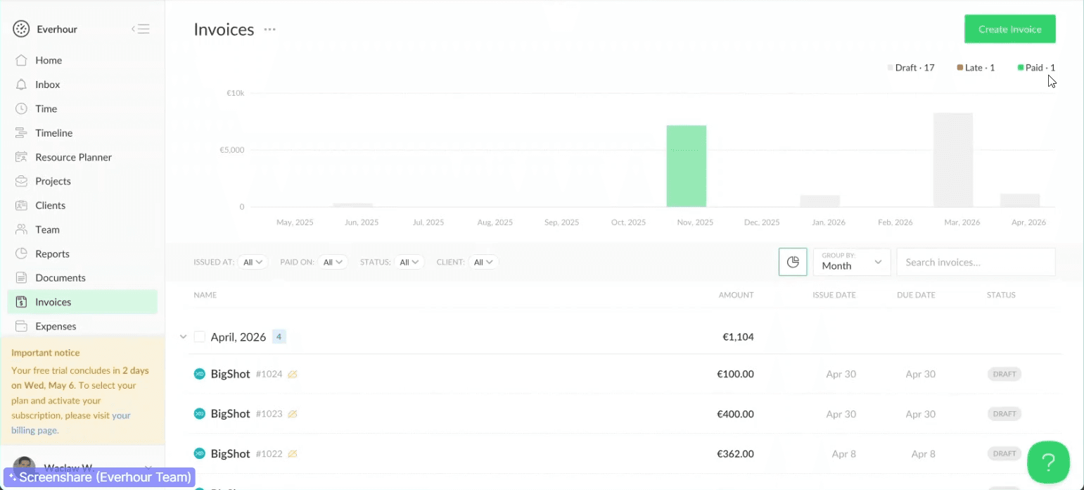 Everhour invoice generated from billable hours and expenses