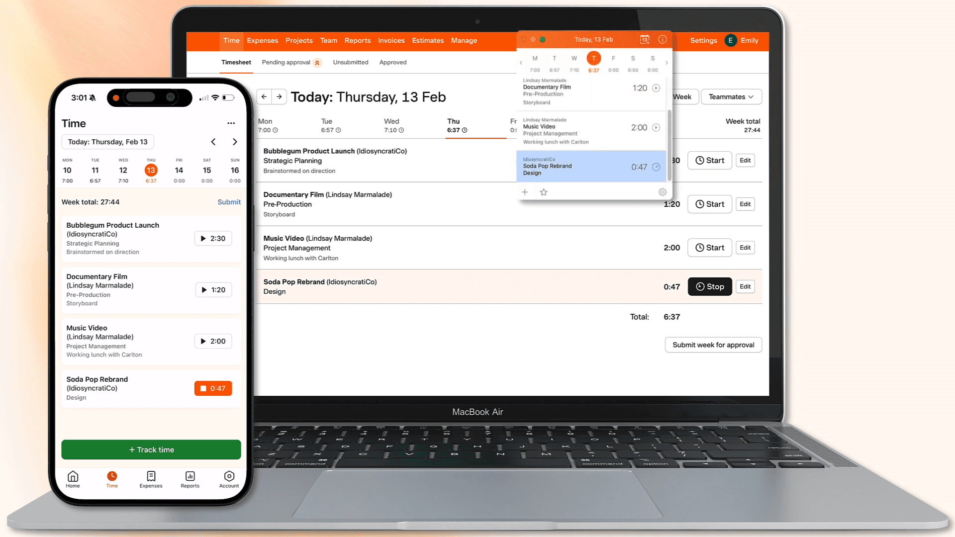 Harvest dashboard — tracked hours and project totals overview