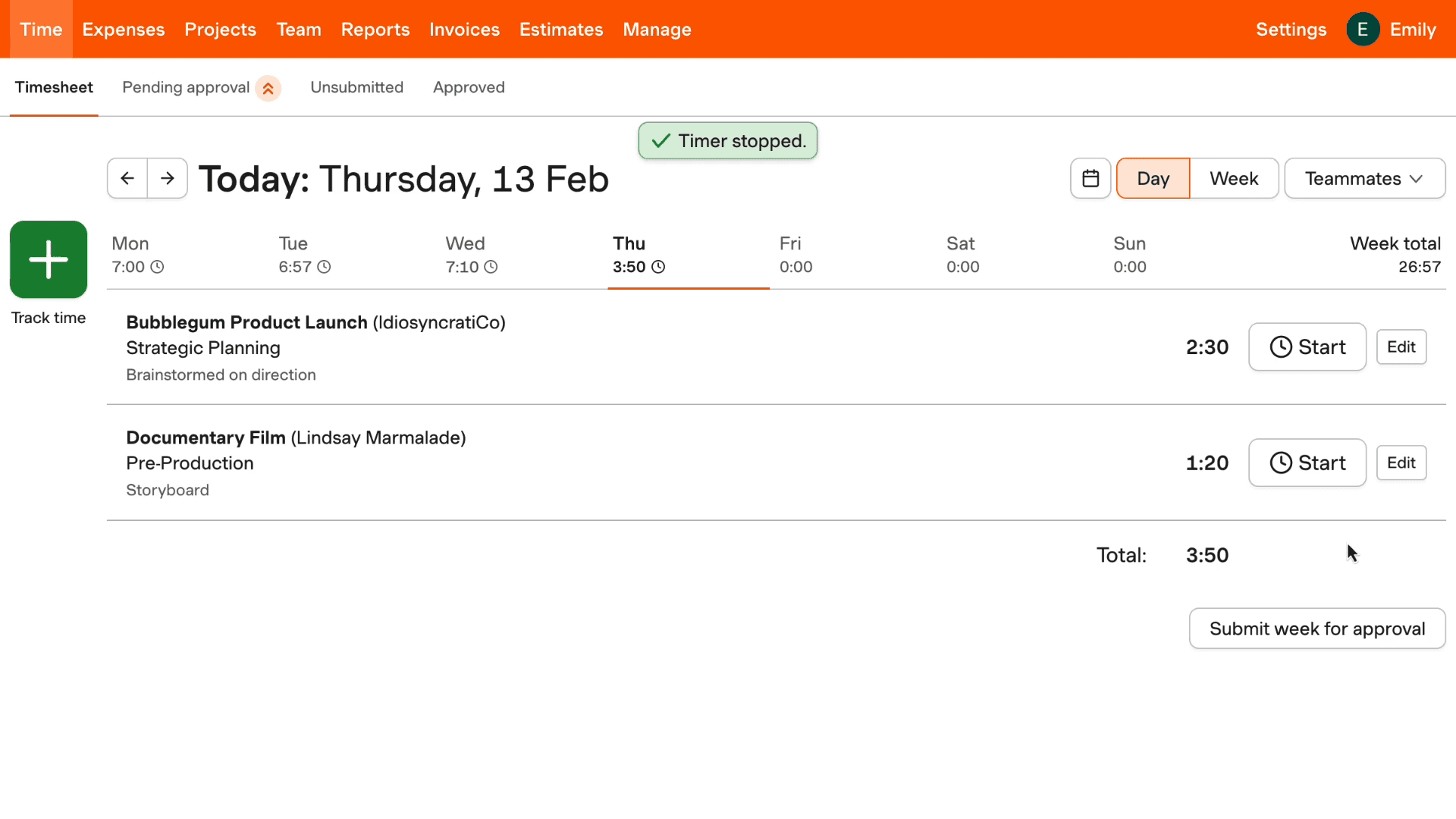 Harvest time tracker with client, project, and task selection
