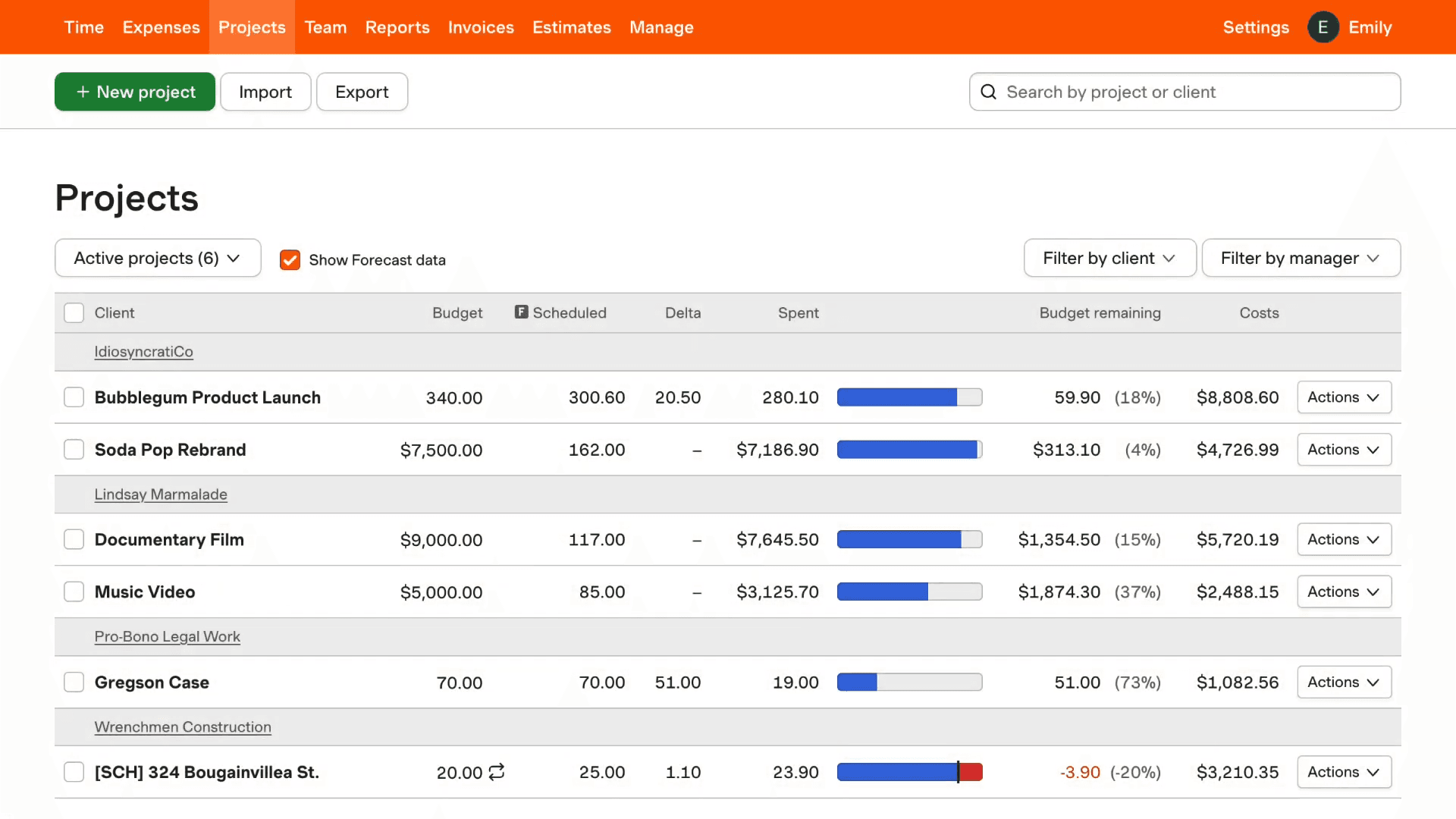 Harvest projects list with budgets and billing rates