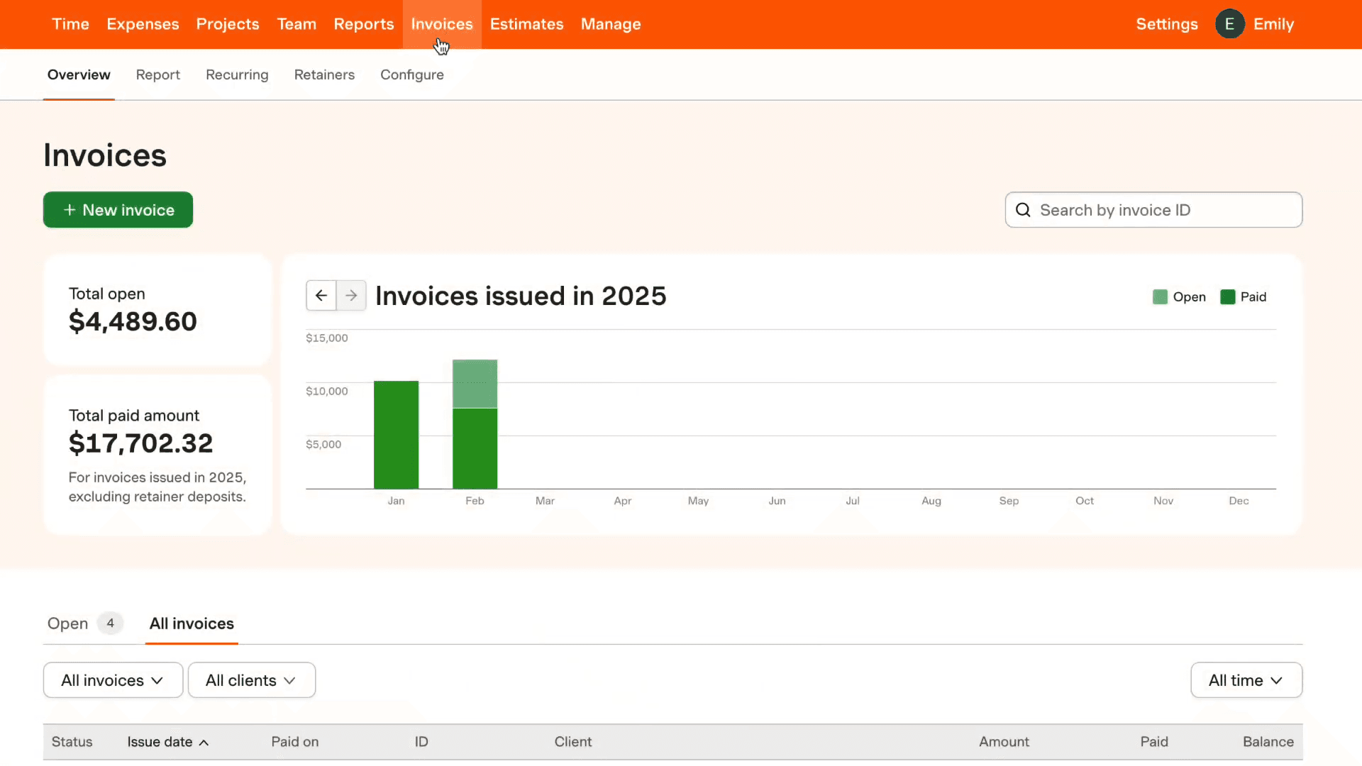 Harvest invoice generated from tracked hours and expenses