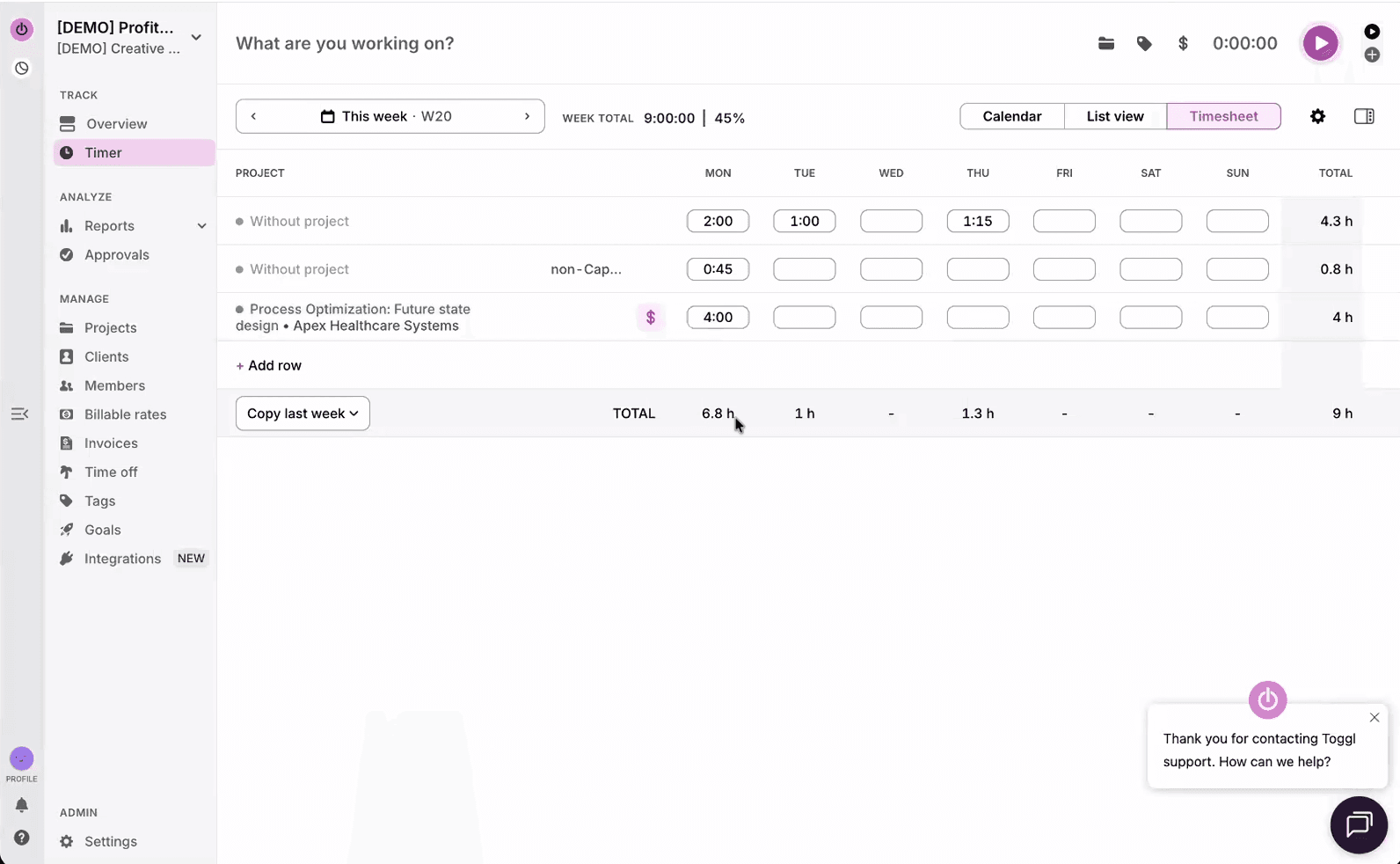 Toggl Track timer with project tags and billable flag