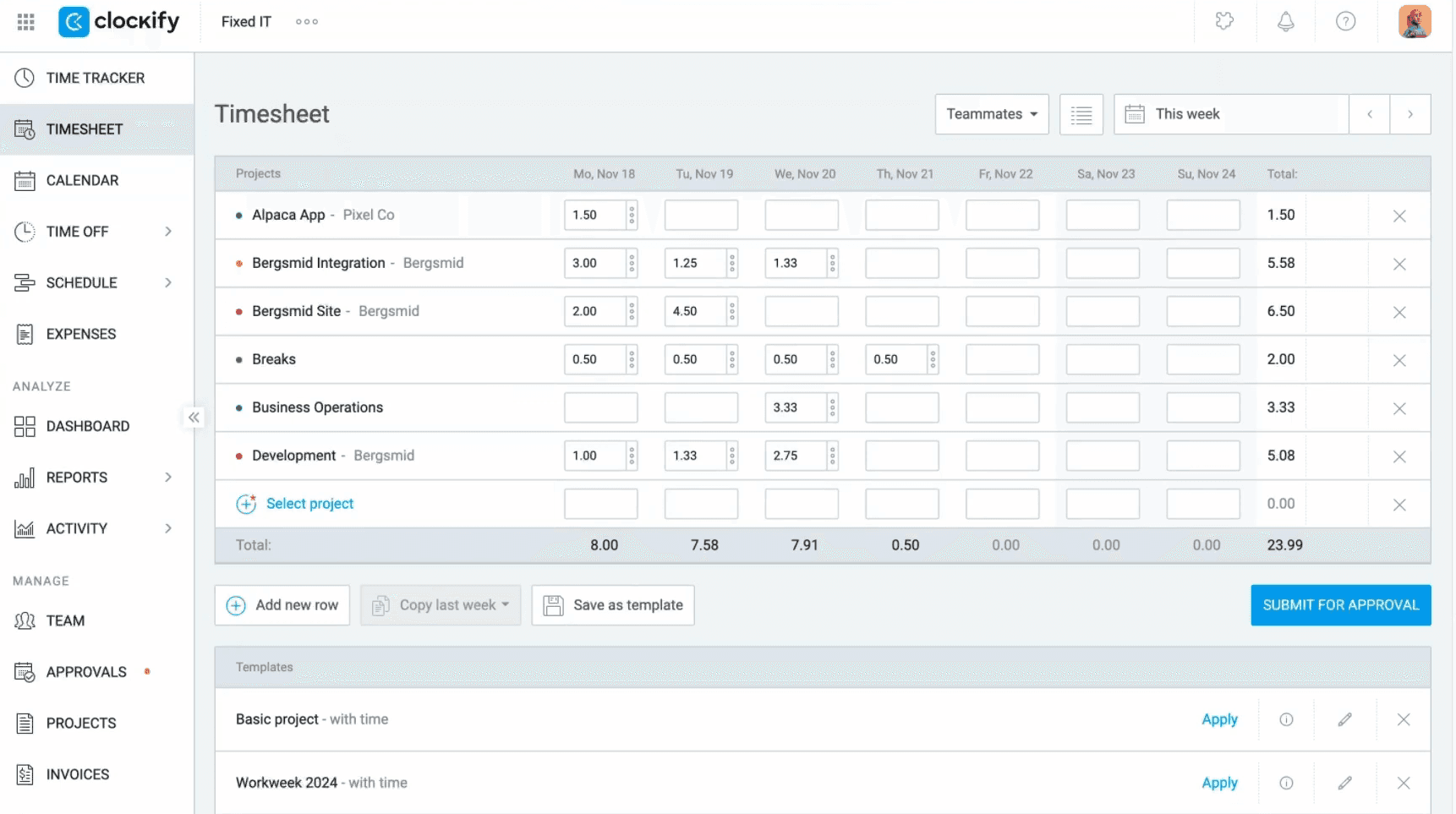 Clockify weekly timesheet grid with hours filled across projects