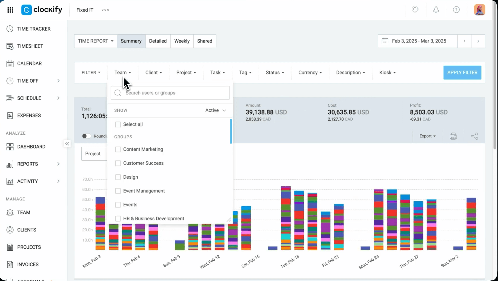 Clockify summary report filtered by project and team member