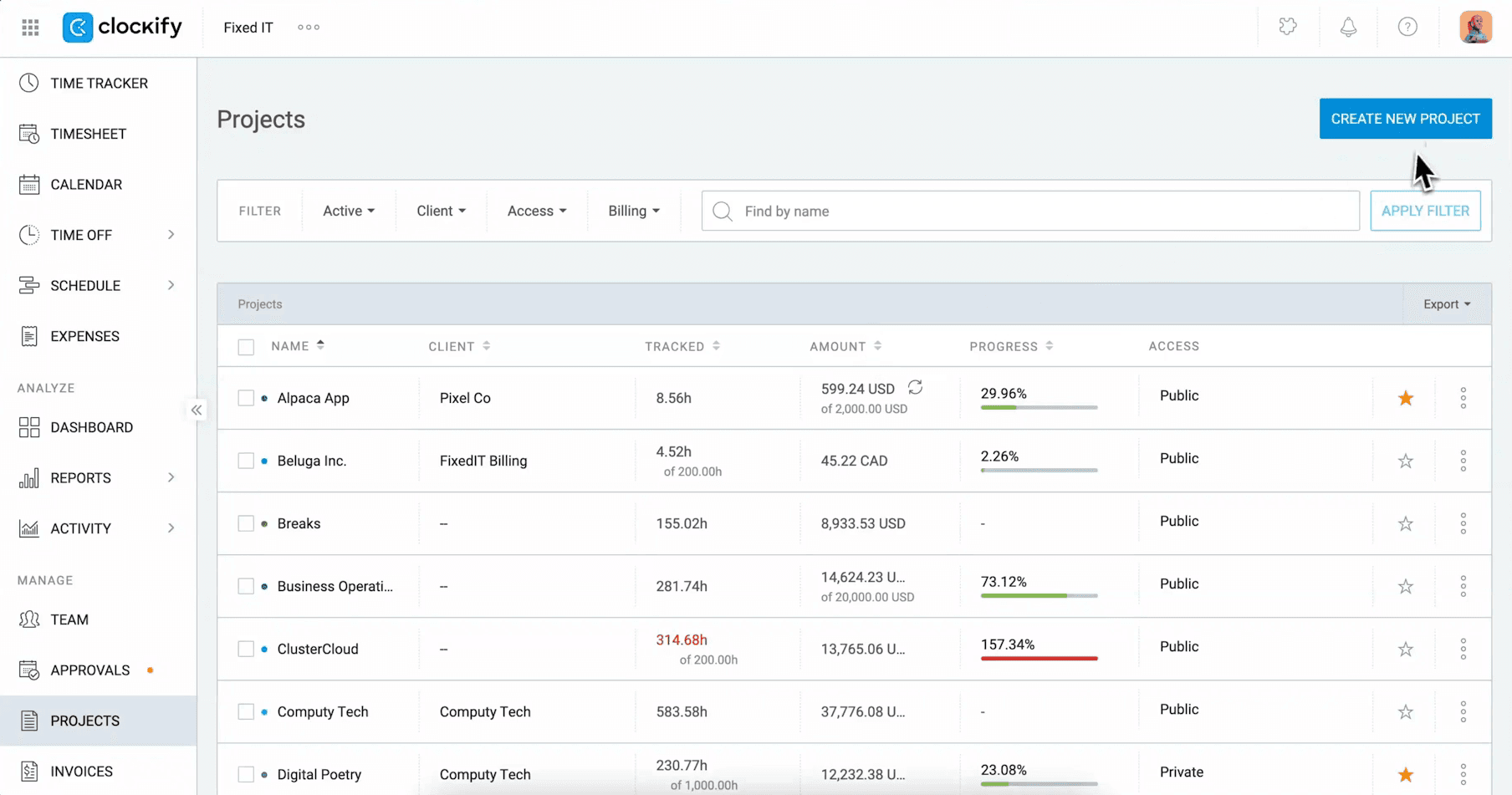 Clockify projects overview with budgets, status, and team allocation
