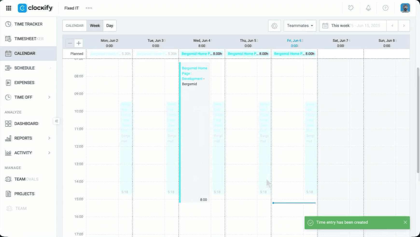 Clockify scheduling view showing work allocation across team and projects