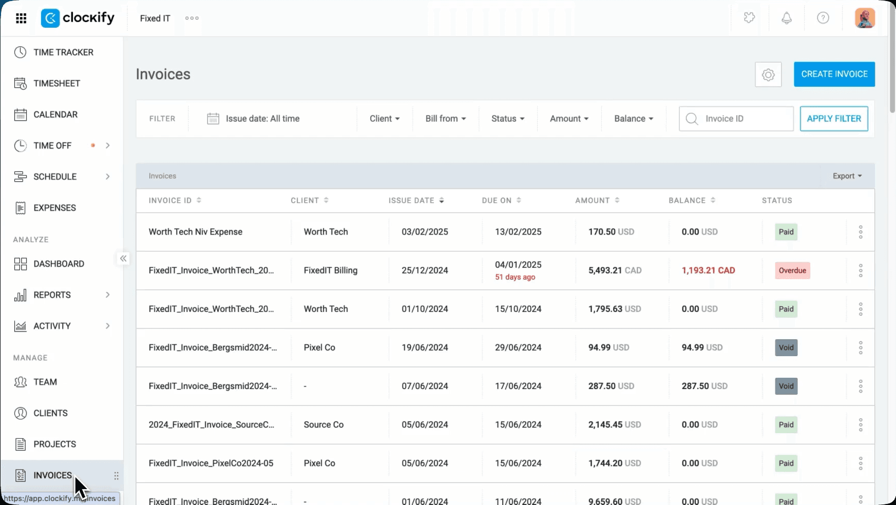Clockify invoice generated from tracked billable hours