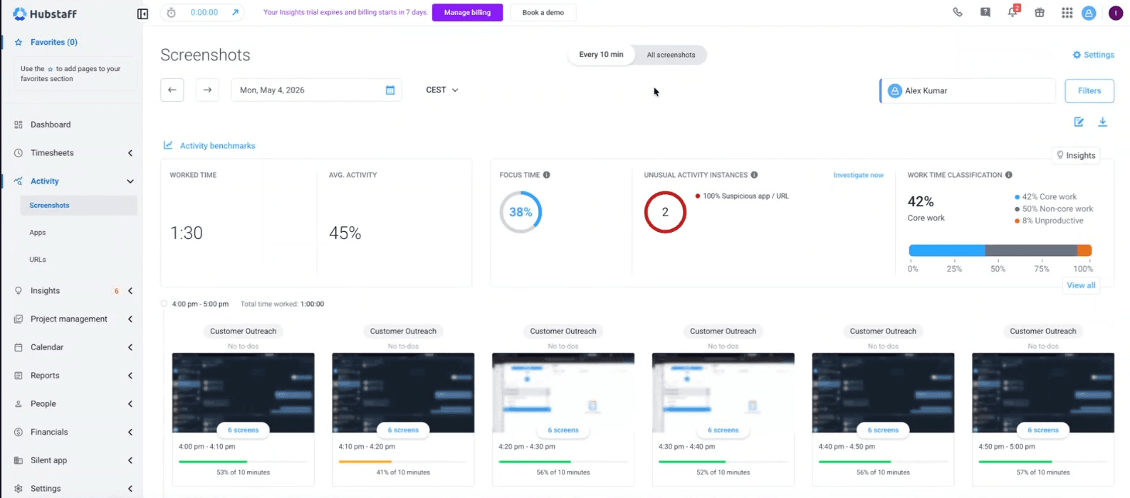 Hubstaff screenshots panel with captured stills from work sessions