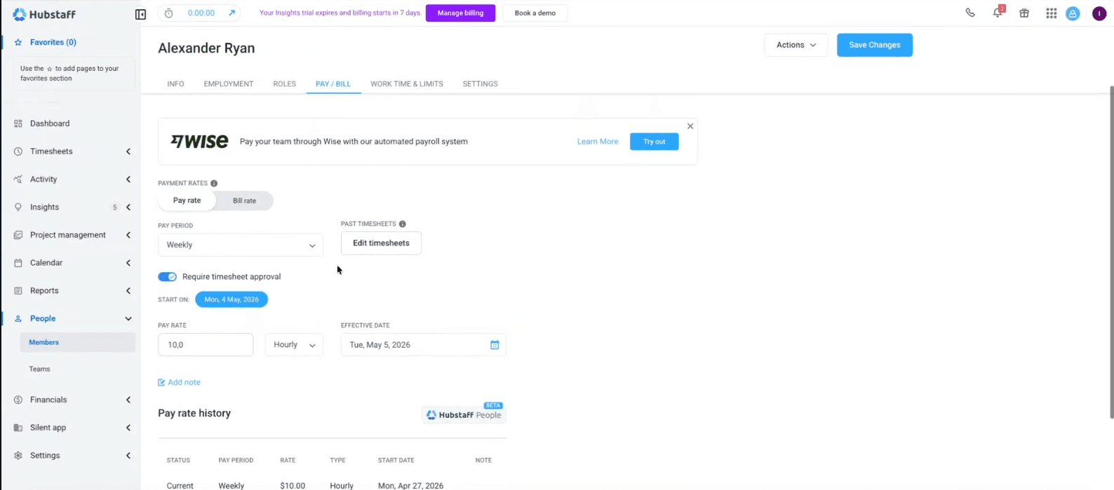 Hubstaff invoicing view with billable hours and client rates