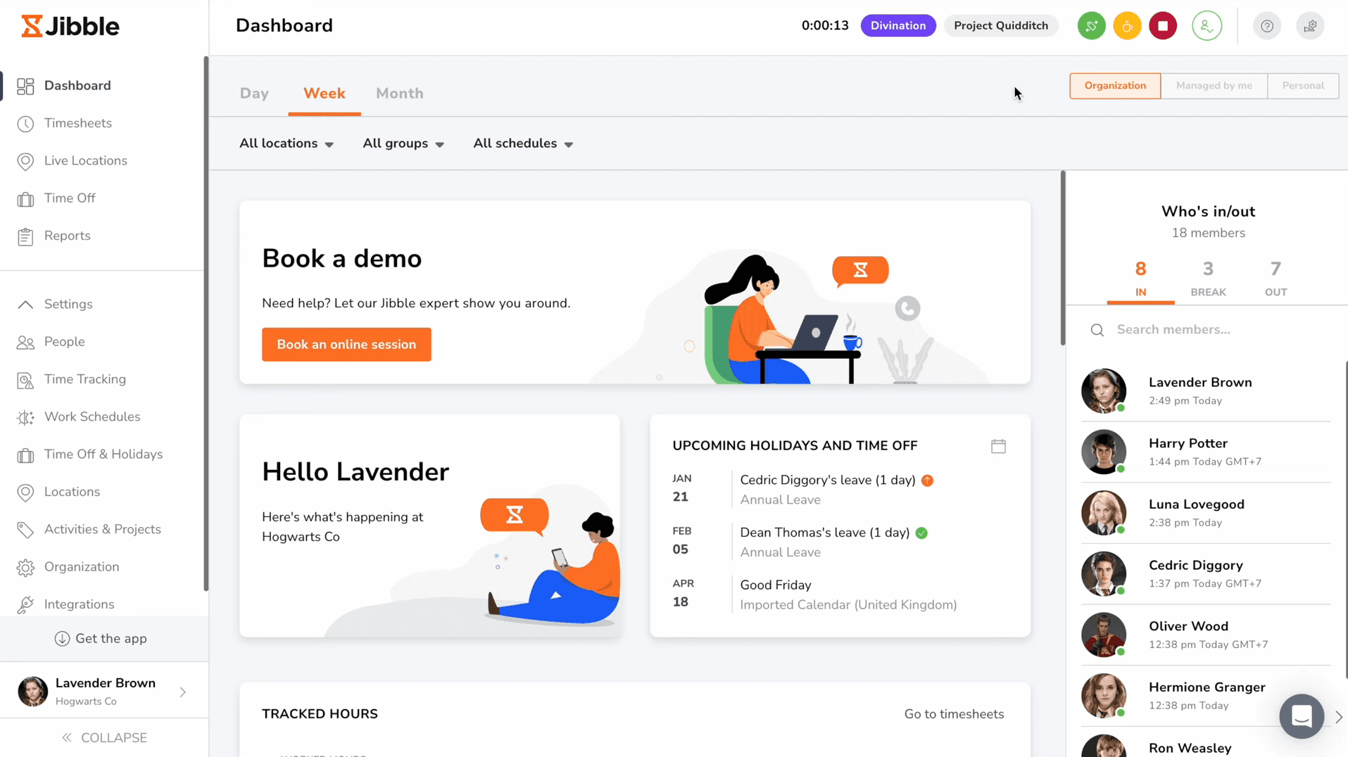 Jibble admin dashboard with clocked-in members and activity