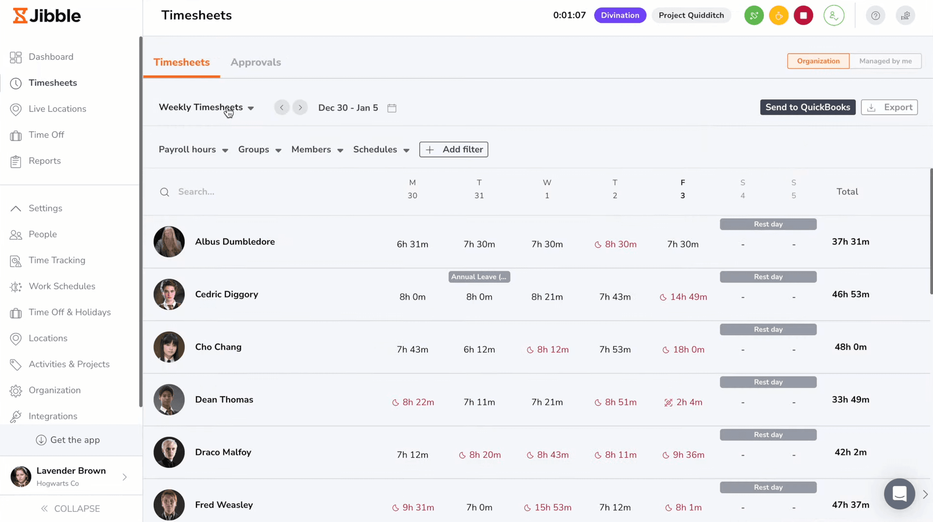 Jibble timesheets view with approval workflow