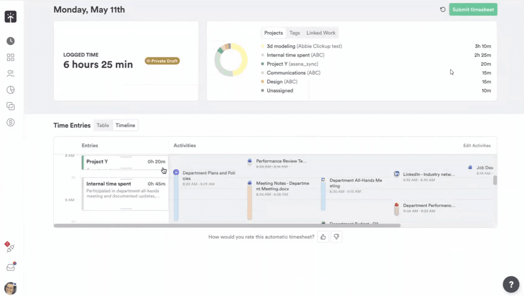 Timely automatic tracker suggesting AI-grouped entries