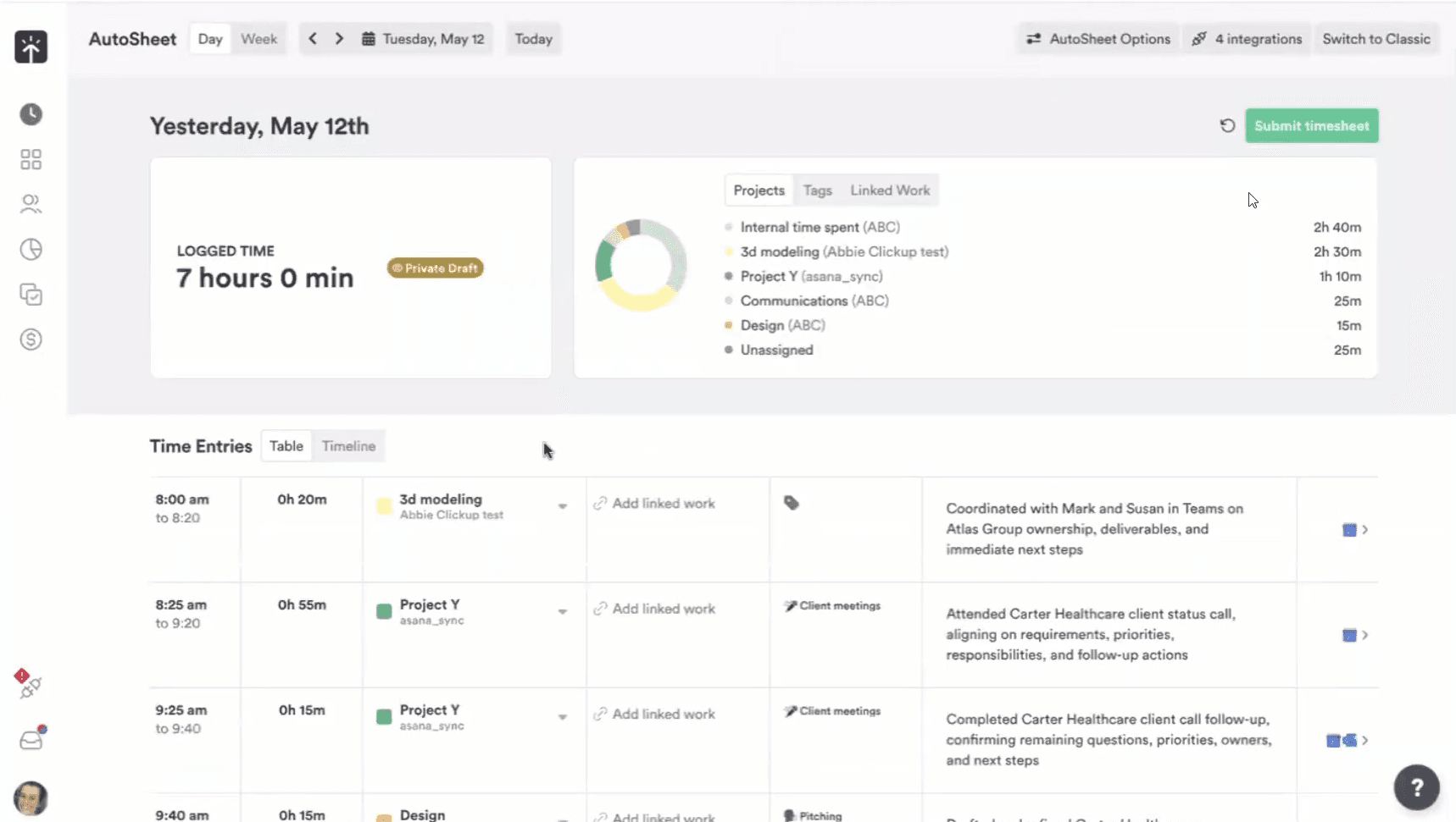 Timely dashboard — AI-tracked hours and project breakdown