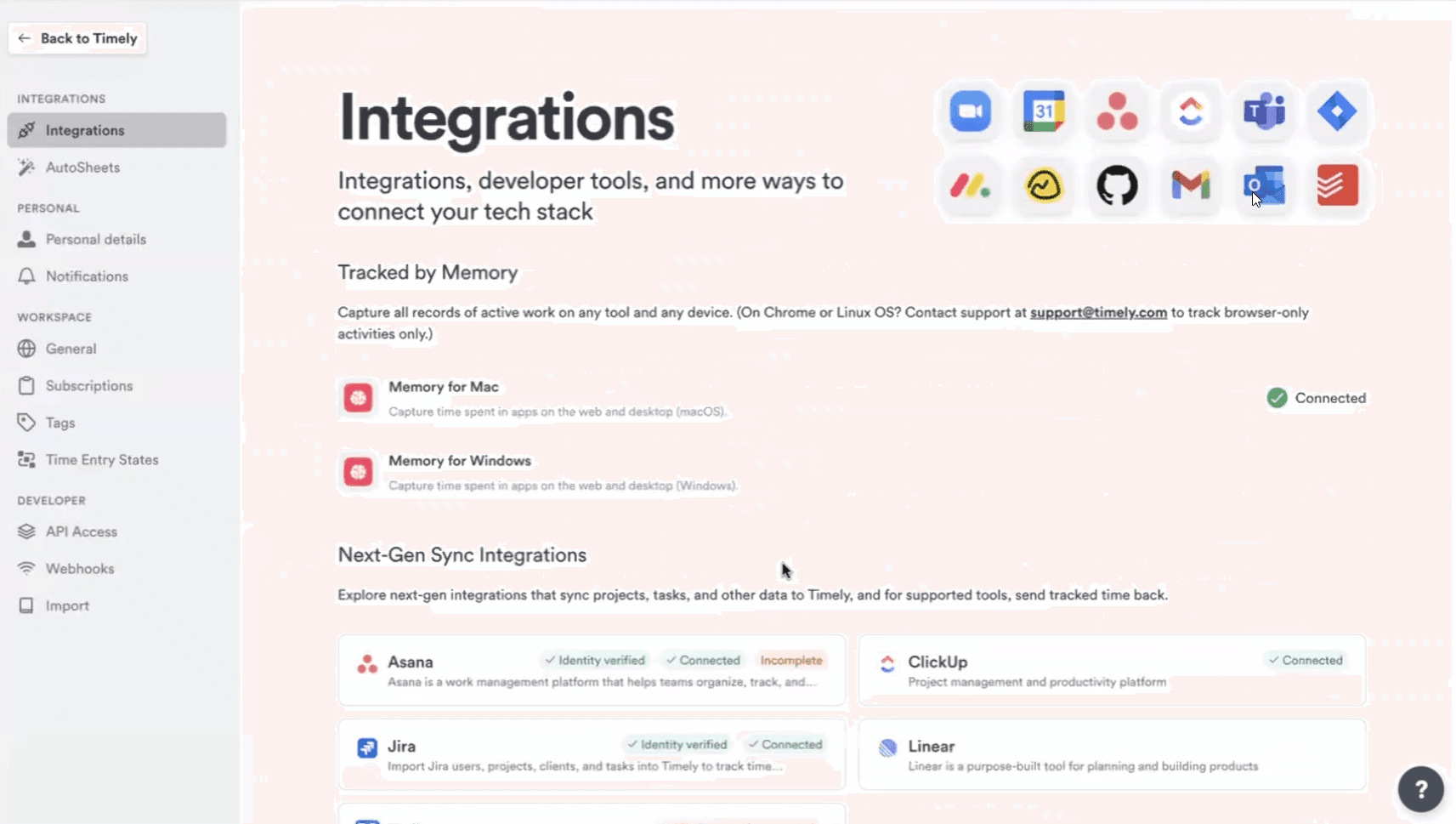 Timely integrations settings with connected apps